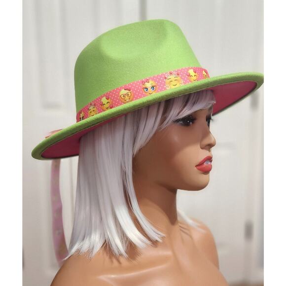 Fedora Hat Green Outside & Hot Pink Inside with Pink Emoji Headband - Picture 5 of 7